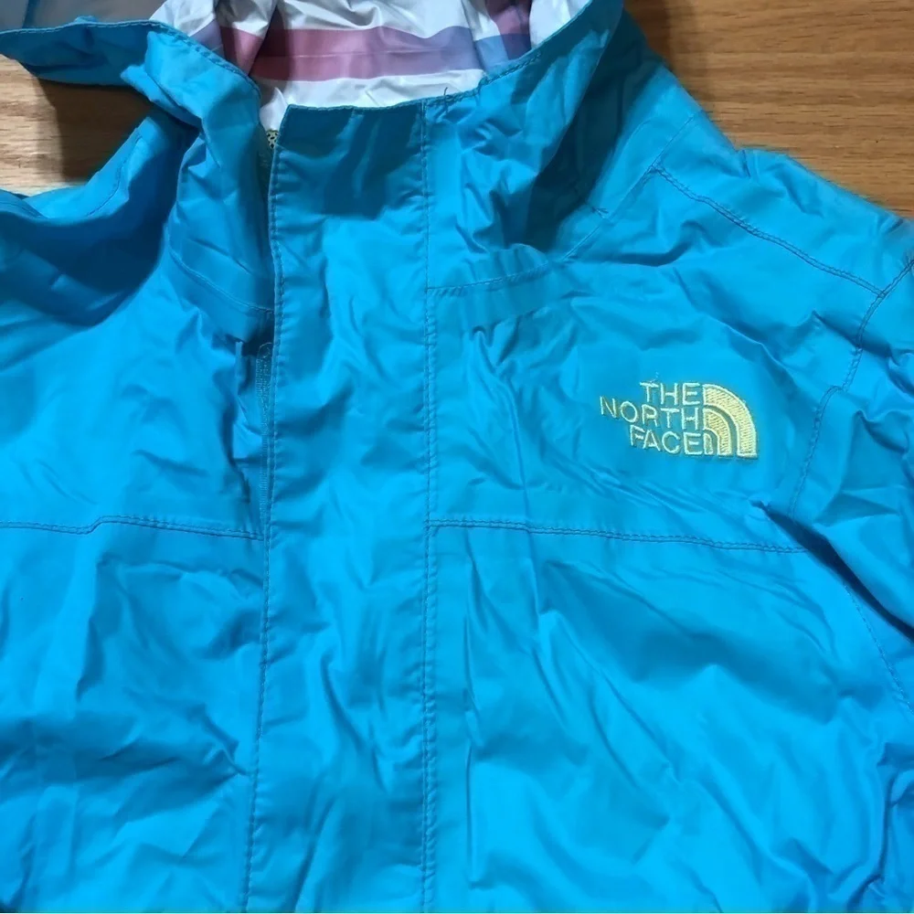 North Face Blue Rain Jacket XXS 5 Green Lined Plaid Hood Kids Hyvent